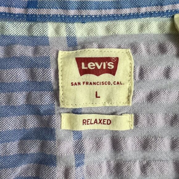 Levis Mens Purple‎ Blue Plaid Seersucker Short Sleeve Button Up Shirt Large - Picture 4 of 5